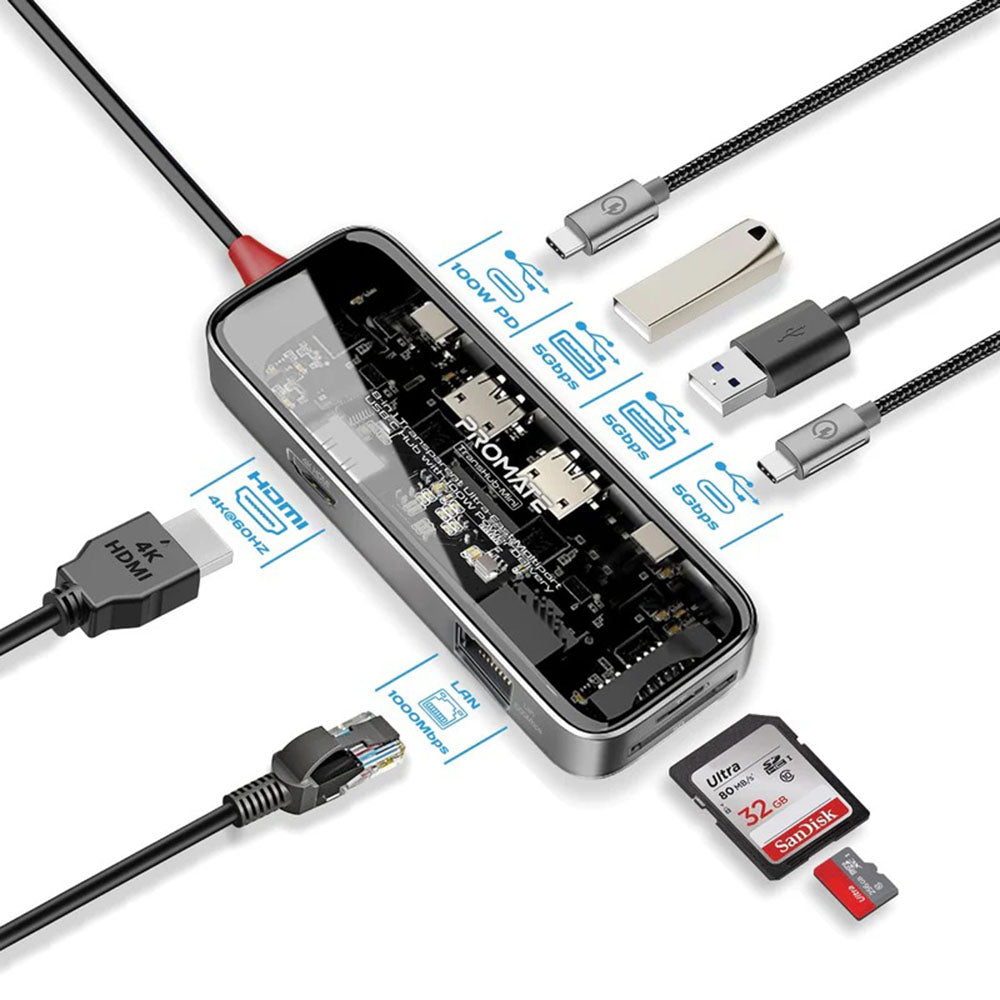 Promate TransHub-Mini 8-in 1 Transparent Ultra-Fast Multiport USB-C Hub with 100W Power Delivery
