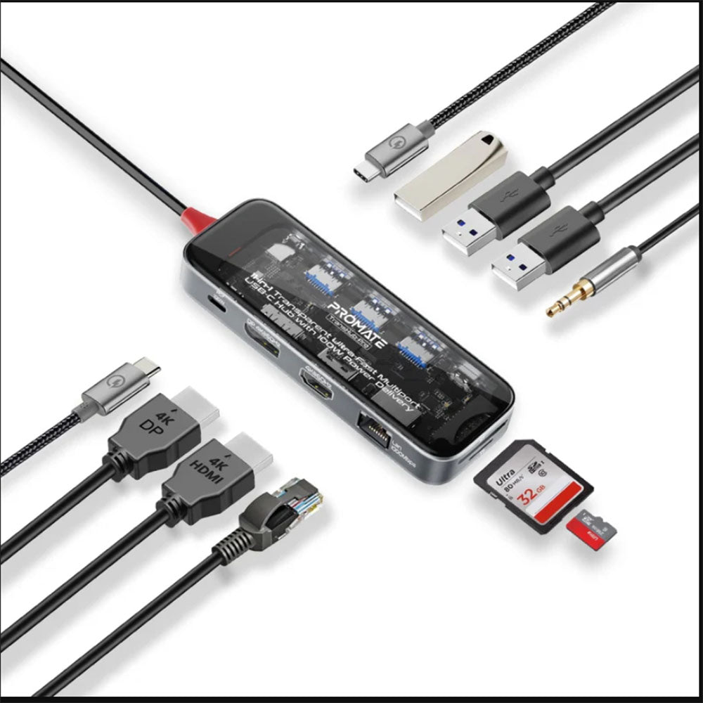 Promate TransHub-Pro 11-in-1 Transparent Ultra-Fast Multiport USB-C Hub with 100W Power Delivery