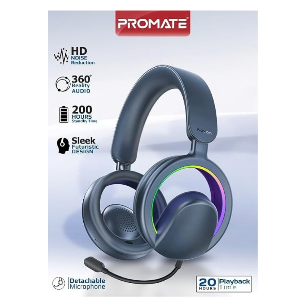 Promate Novon Open-Ear Bluetooth Headphones with Detachable Mic, RGB Light Modes, 40mm Dynamic Drivers, 20H Battery, Bluetooth v6.0, ABS-PC Build for Gaming, Workouts, and Streaming Blue