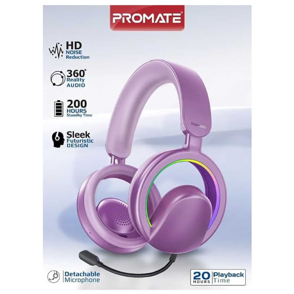 Promate Novon Open-Ear Bluetooth Headphones with Detachable Mic, RGB Light Modes, 40mm Dynamic Drivers, 20H Battery, Bluetooth v6.0, ABS-PC Build for Gaming, Workouts, and Streaming Purple