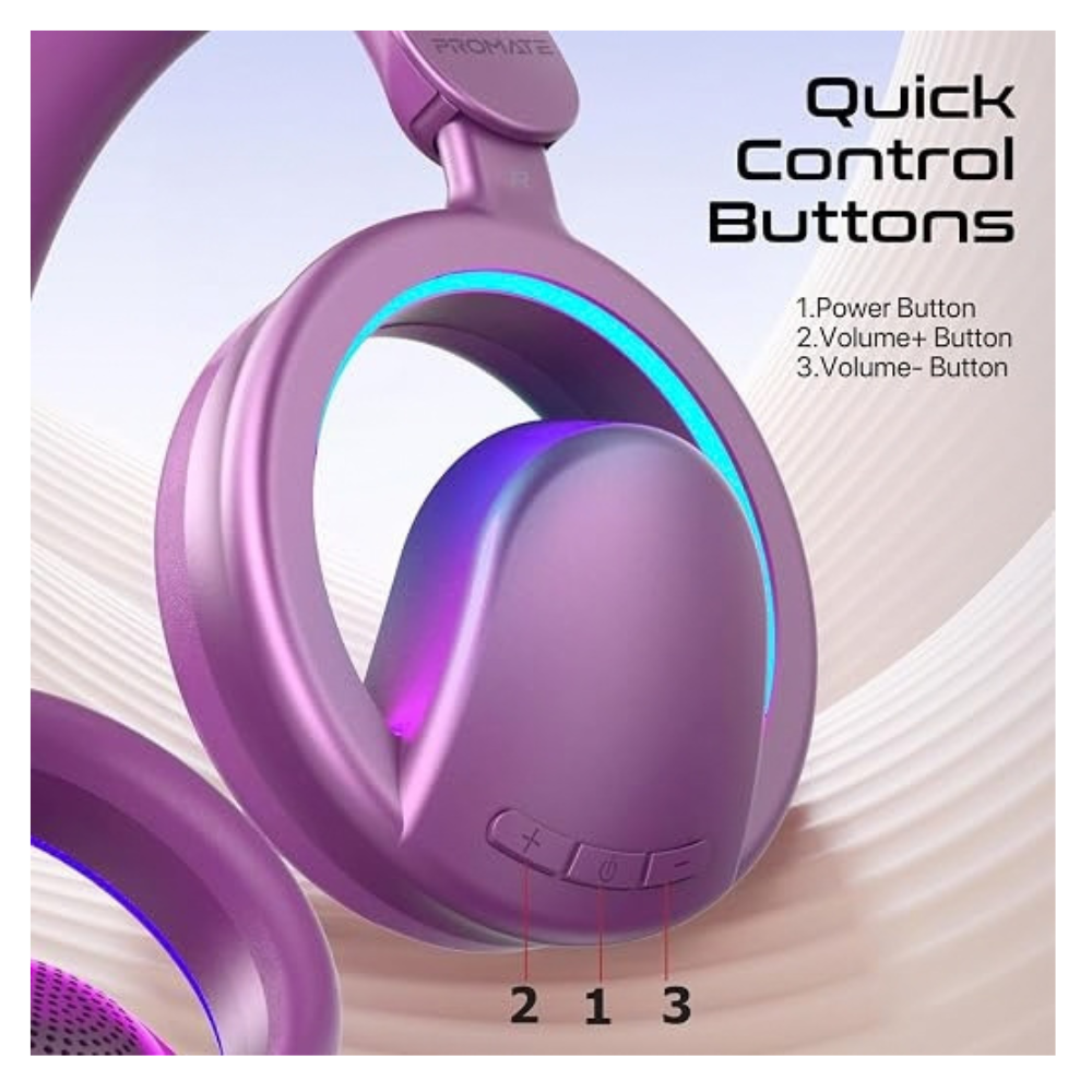 Promate Novon Open-Ear Bluetooth Headphones with Detachable Mic, RGB Light Modes, 40mm Dynamic Drivers, 20H Battery, Bluetooth v6.0, ABS-PC Build for Gaming, Workouts, and Streaming Purple