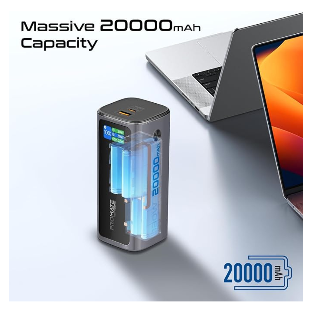 Promate Ultra-Fast Portable Charger, Power Bank With 20000mAh Battery Capacity, PD100W USB-C Input & Output, Retractable USB-C Cable, QC 3.0 USB-A, Charge Protection, Built-in Mobile Stand, Titan-130R
