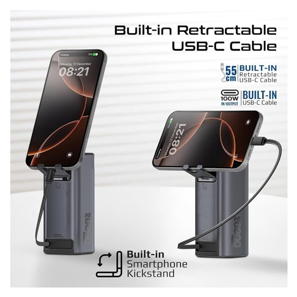 Promate Ultra-Fast Portable Charger, Power Bank With 20000mAh Battery Capacity, PD100W USB-C Input & Output, Retractable USB-C Cable, QC 3.0 USB-A, Charge Protection, Built-in Mobile Stand, Titan-130R