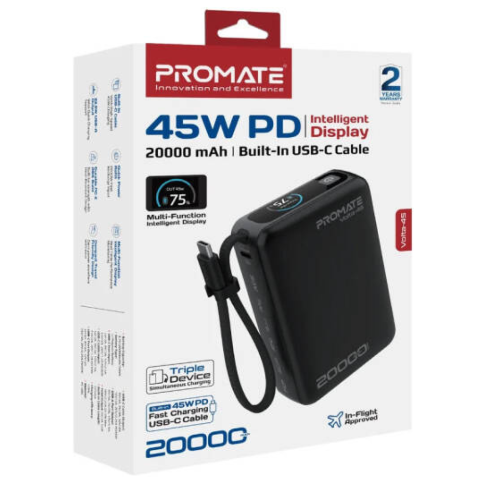 Promate Volta-45 Wall Charger, 45W Ultra Compact GaN Tech, Dual USB C Power Delivery Ports, Multi Protect Safety System, Fast Charging, Universal Compatibility, Black