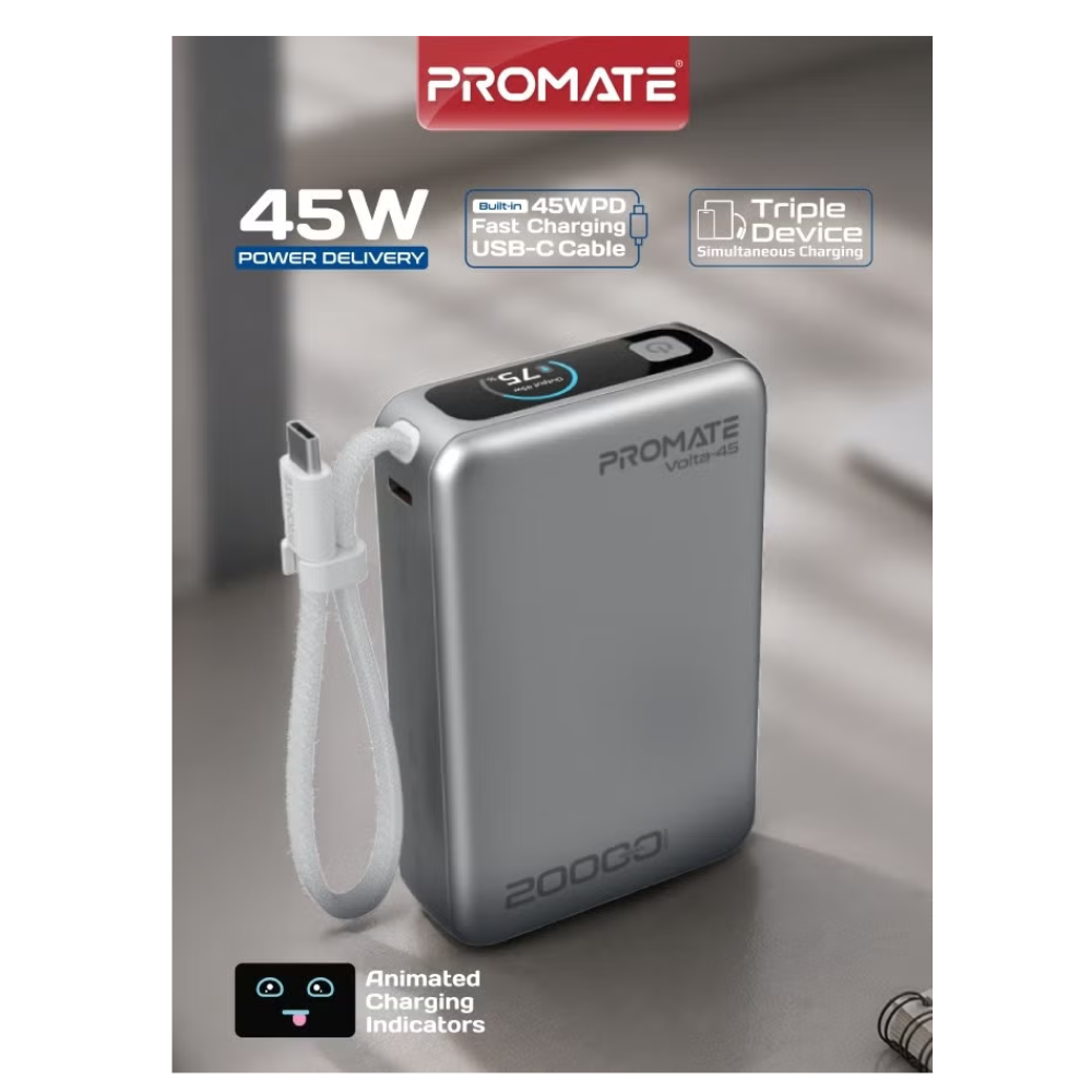 PROMATE 20000mAh Portable Power Bank Volta-45 with Built-in 45W Fast Charging USB-C PD Cable, Intelligent Display, 22.5W USB-A, Portable for Laptop, iPhone, Galaxy, iPad, Android Smartphones & more Pearl White