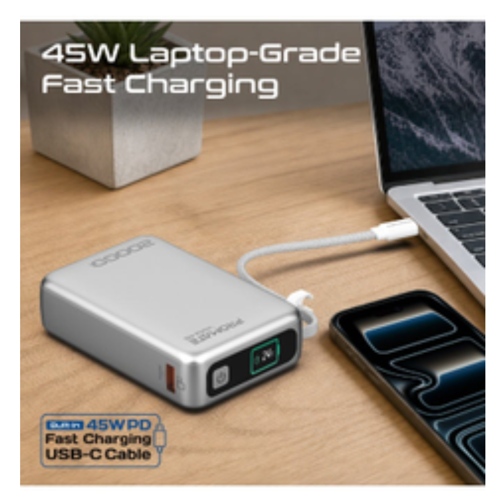 PROMATE 20000mAh Portable Power Bank Volta-45 with Built-in 45W Fast Charging USB-C PD Cable, Intelligent Display, 22.5W USB-A, Portable for Laptop, iPhone, Galaxy, iPad, Android Smartphones & more Pearl White