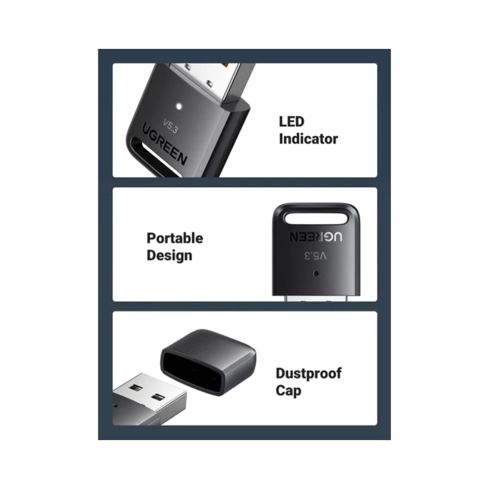 ADAPTADOR USB BLUETOOTH UGREEN V5.3 COMPATIBLE PC Y LAPTOP (PN:90225)