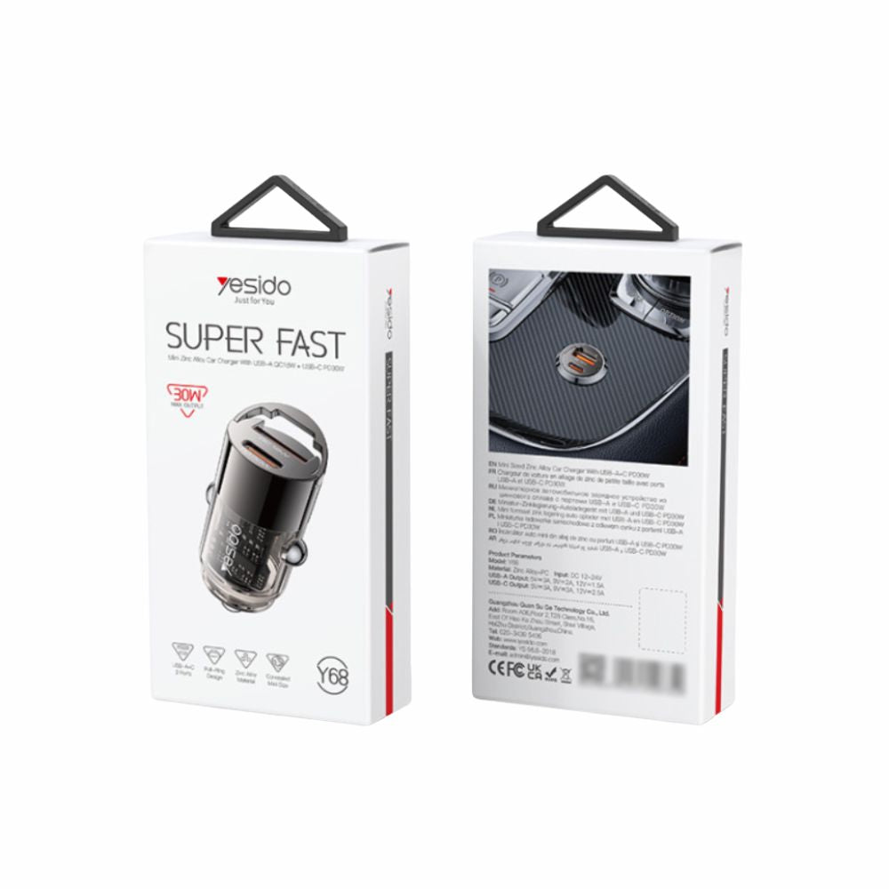 Yesido Y68 Aluminum Alloy PD30W+QC18W Fast Charging Car Charger
