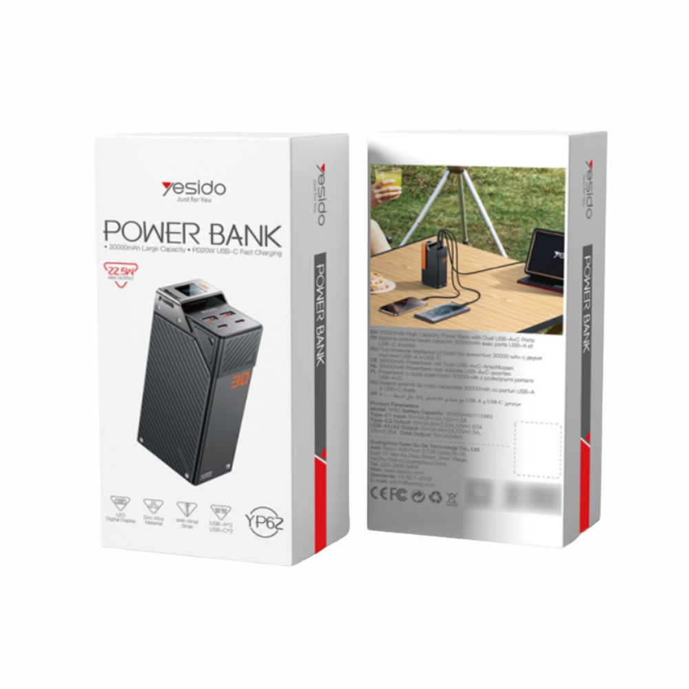Yesido YP62 30000mAh PD 20W + SCP 22.5W Fast Charging Power Bank