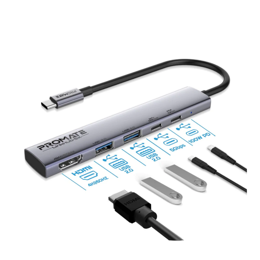 Promate LinkHub-5X Multi-function High-Speed USB-C Hub with 100W Power Delivery