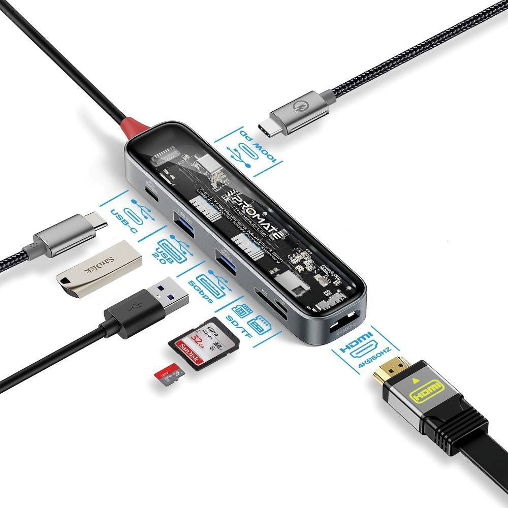 Promate TransHub-Lite 7-in 1 Transparent Multiport Slim USB-C Hub with 100W Power Delivery