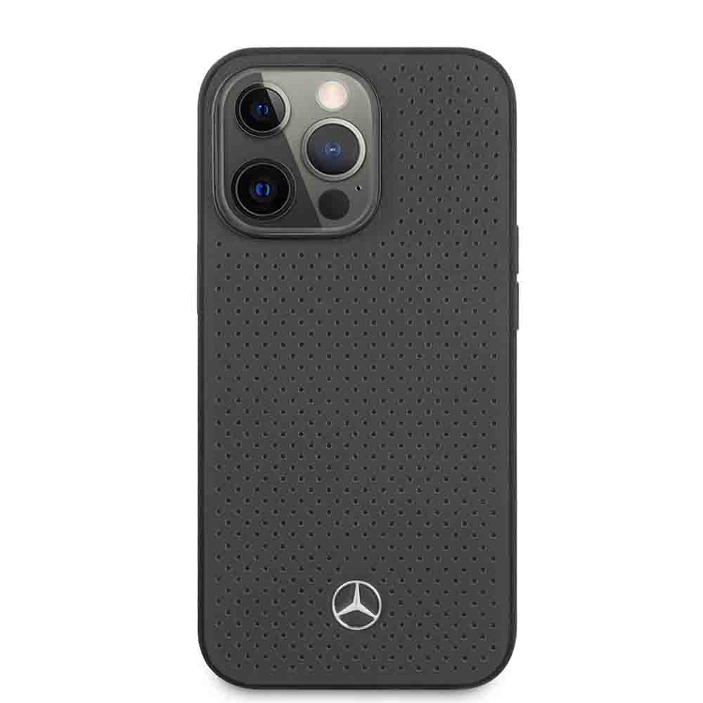 Mercedes Benz Genuine Leather Hard Case Perforated Metal Star Logo For iPhone 13 Pro Max (6.7") - Gray