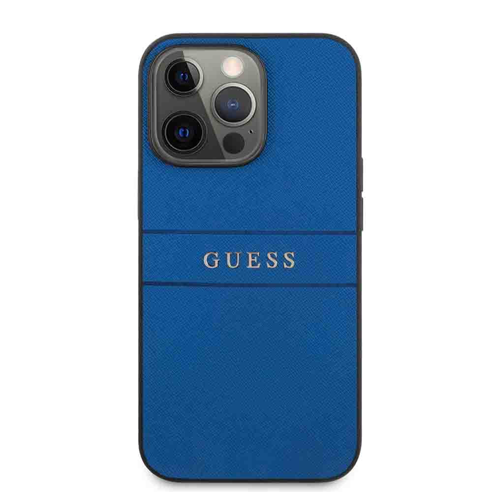 Guess PU Leather Case Saffiano With Metal Logo Hot Stamp Stripes For iPhone 13 Pro (6.1") - Blue