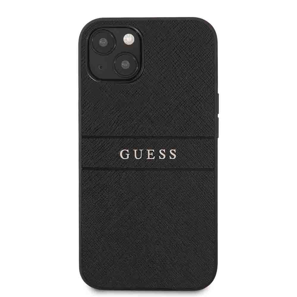 Guess PU Leather Case Saffiano With Metal Logo Hot Stamp Stripes For iPhone 13 (6.1") - Black