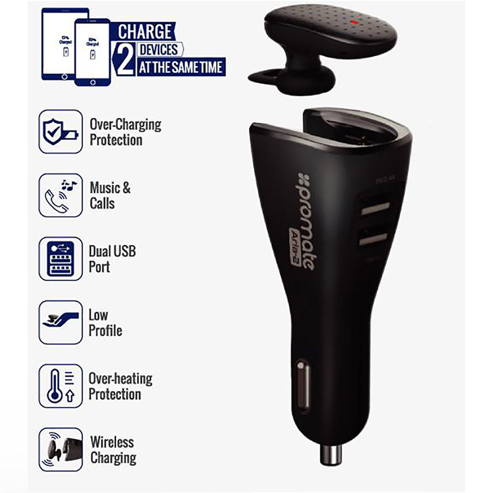 Promate Aria 2 Bluetooth Headset with USB 2A Car Charger (4610654437476)