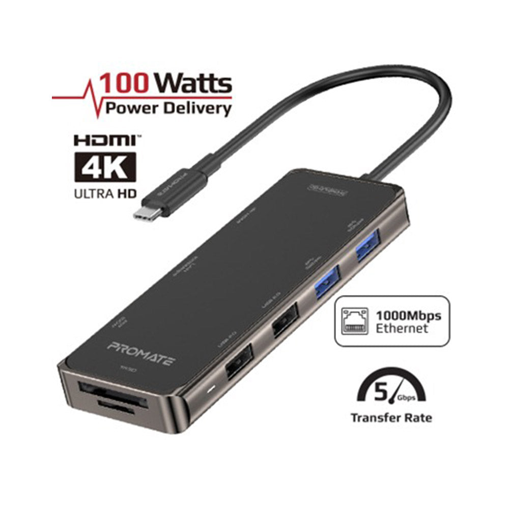 Promate PrimeHub-Go Compact 9-in-1 Multiport USB-C Hub with 100W Power Delivery